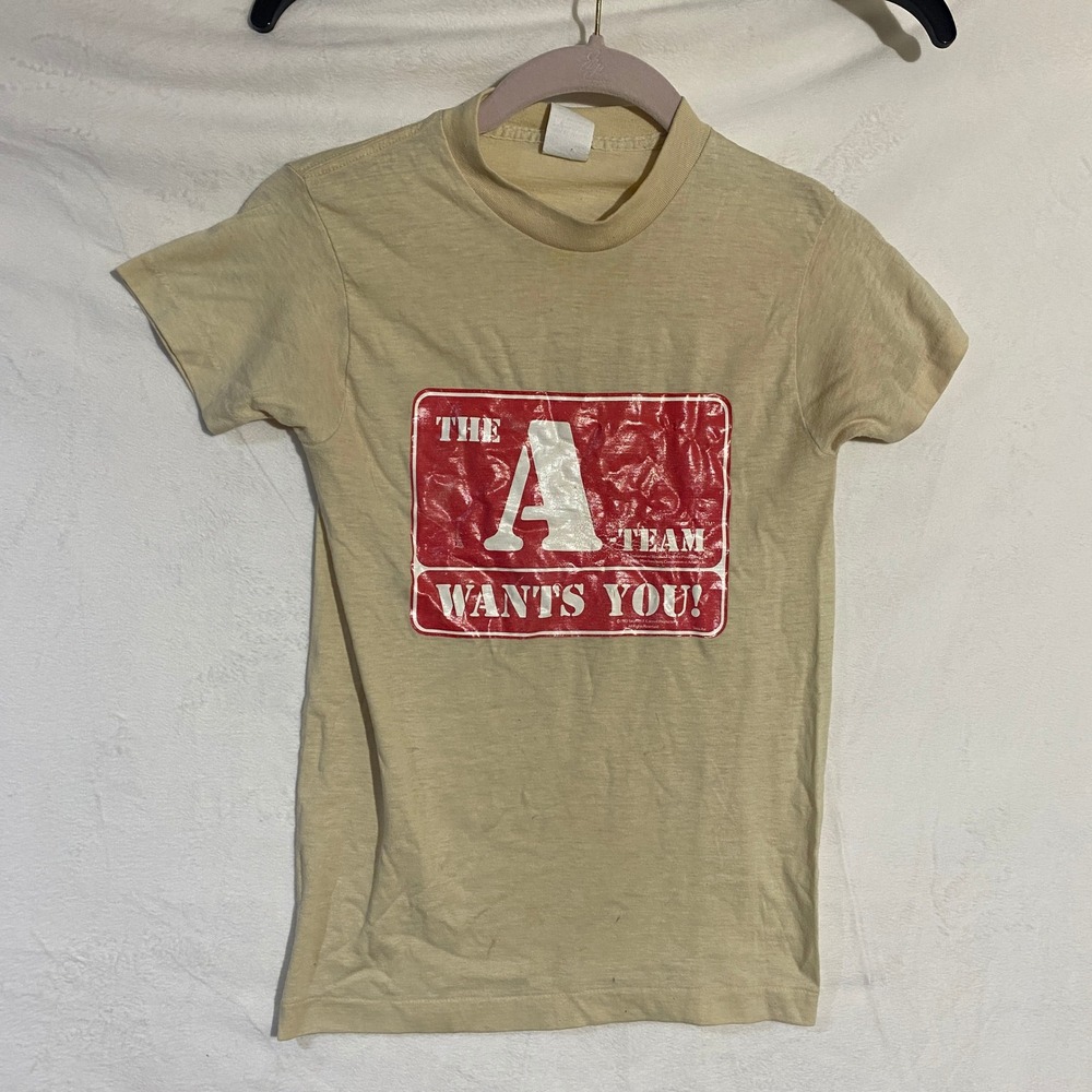 Vintage 1983 The A-Team Wants You T-Shirt Youth L Ched Anvil Tan 80s TV Show K3